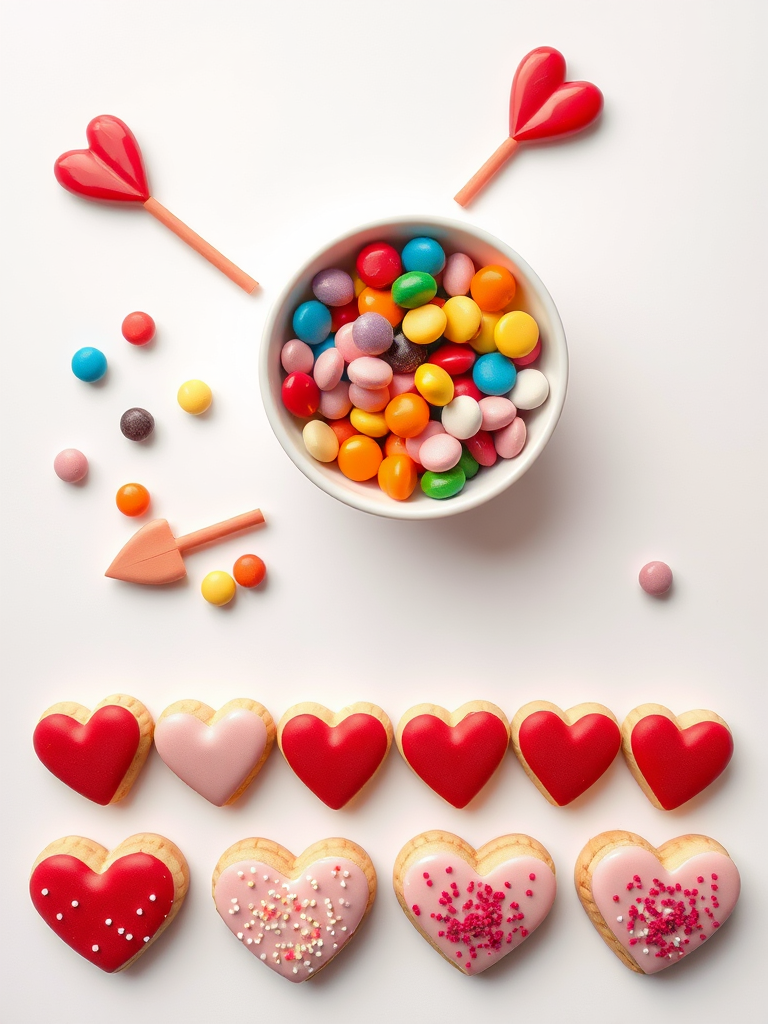 a flat lay of colorful candies in a bowl, two decorative arrows with heart tips, scattered small candies, and a row of heart-shaped cookies with icing and sprinkles on a clean white background, shot with a DSLR camera at f/2.8, ISO 100, 50mm lens, top-down view for enhanced sharpness and detail