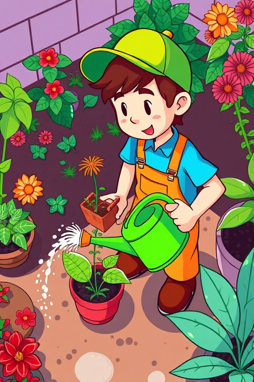 Create a vibrant illustration of a cartoon gardener watering plants with a green watering can, high angle view, DSLR camera, aperture f/4, shutter speed 1/250, ISO 100, bright colors and clean lines for clarity.