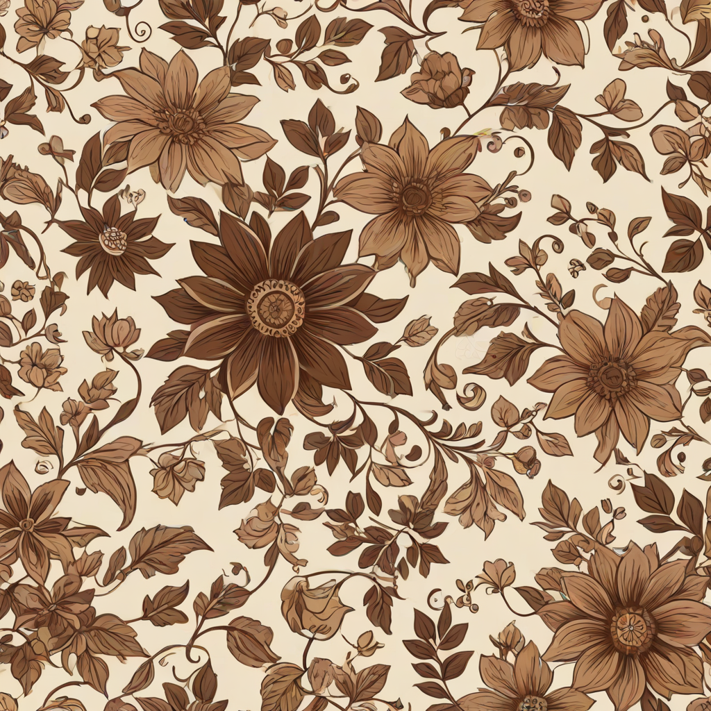 Create a seamless floral pattern featuring large brown and beige flowers with intricate designs, accompanied by smaller flowers and gentle vines on a light beige background.