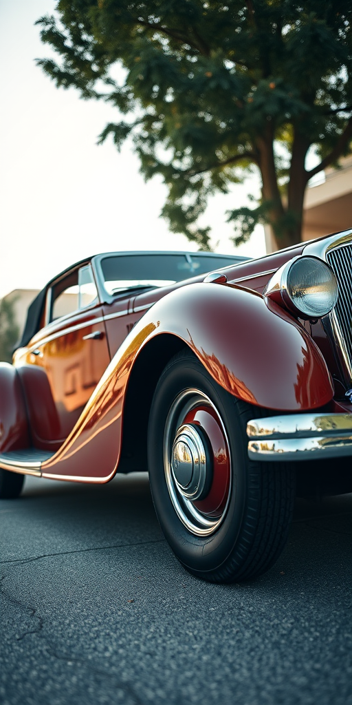 Generate an image of a vintage car from the 1930s with a sleek design, captured with a Canon EOS R5 at f/2.8, ISO 100, 1/200s, using a wide-angle lens and a low-angle perspective for dramatic effect, emphasizing its curves and details, in bright daylight.