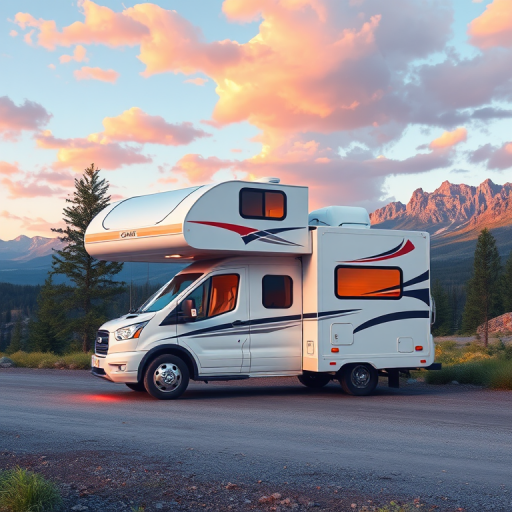 Create a high-quality illustration of a modern RV parked in a scenic location, shot with a Canon EOS R5 camera, 24mm lens, f/8 aperture, ISO 100, natural daylight, wide-angle view, focusing on details and vibrant colors.