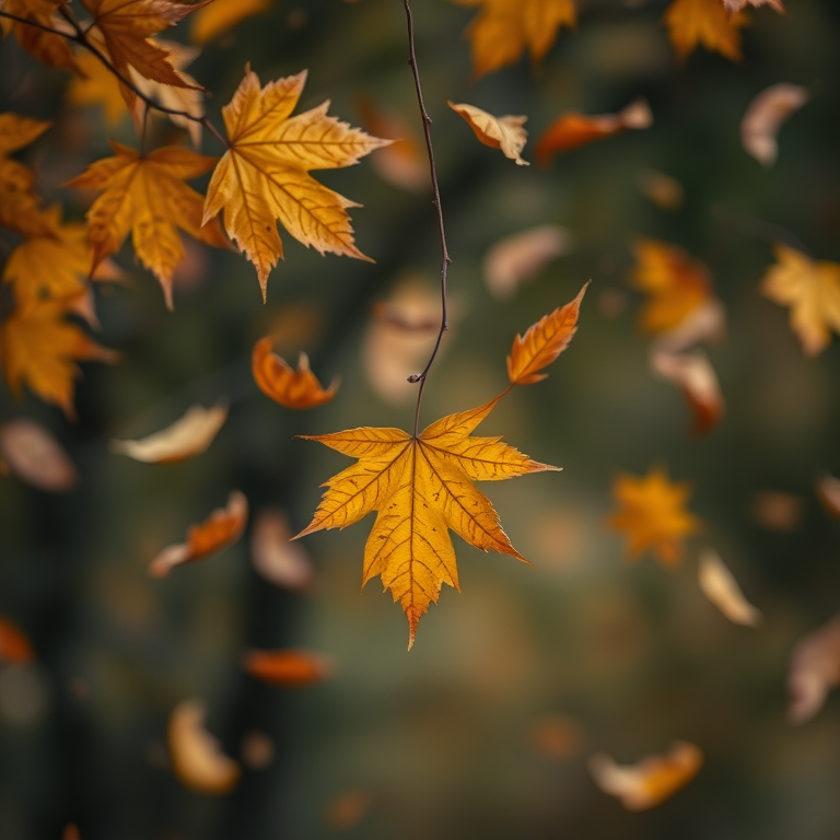 Create a high-resolution image of autumn leaves falling, captured with a DSLR camera at f/4.0 aperture, 1/500 sec shutter speed, ISO 100, using a 50mm lens in a slightly blurred background style to enhance depth and texture.