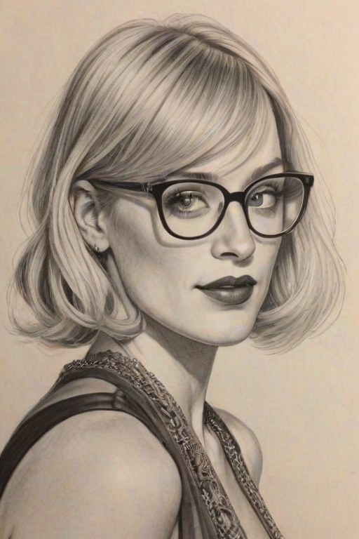 Exquisite Beth Behrs, pencil sketch, portrait of Exquisite woman 1927s in glasses, hair style beatnik, outline, clear lines, fine lines, 8k