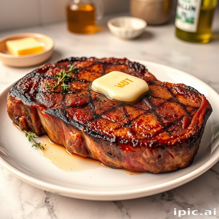 Create an image of a perfectly seared ribeye steak, resting on a white plate with a pat of melting butter on top. The steak is seasoned with fresh herbs like thyme and parsley, with glistening juices highlighting the texture of the meat. The background features a soft focus on a light, marble countertop, with a small dish of butter and an olive oil bottle in the distance. The overall mood should be warm and inviting, capturing the deliciousness and juiciness of the steak.