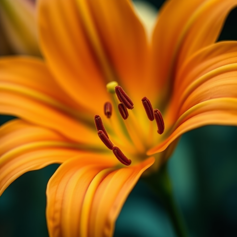 close-up shot of an orange lily flower, focus on petals and stamen, aperture f/2.8, shutter speed 1/250s, ISO 100, macro lens, natural light, shallow depth of field