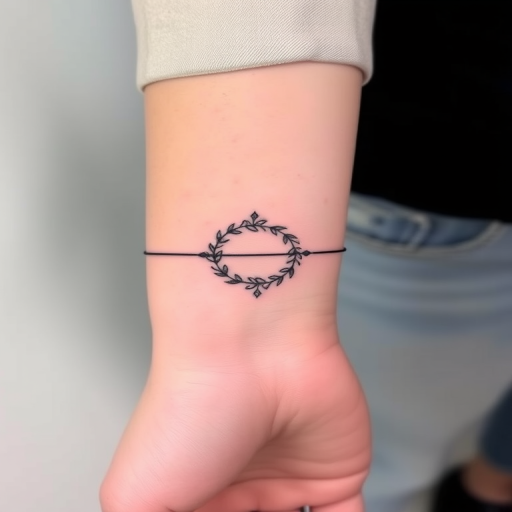 Minimalist continuous line tattoo wrapping around the wrist, forming a delicate floral wreath with a single unbroken black line