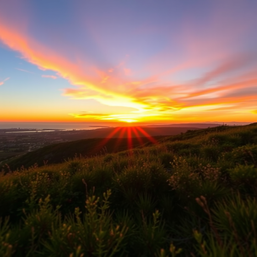 Create a high-resolution image of a scenic landscape with a vibrant sunset, using a Canon EOS R5 camera, 24mm lens, f/11 aperture, ISO 100, shutter speed 1/250s, and an HDR view to capture enhanced details and colors.