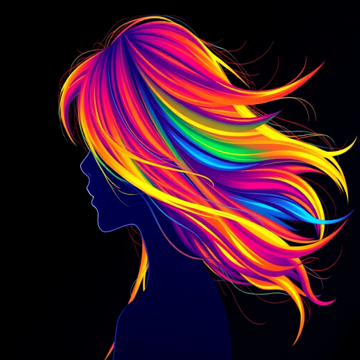 Create a vibrant digital illustration of a profile silhouette with flowing rainbow-colored hair, using a high-resolution setting of 300 DPI, shot with a Canon EOS R5, 50mm lens, f/1.8 aperture, and soft lighting to enhance the colors and contrasts in the background.