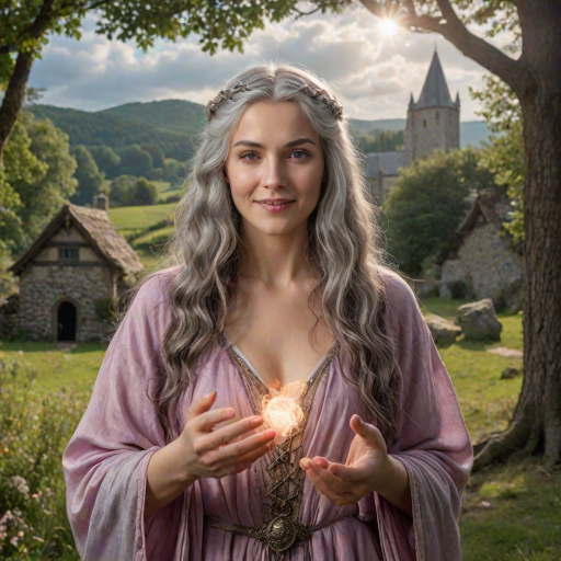 Create a super realistic photo portrait of the sorceress Nimue enthralling the old long haired and bearded magician Merlin with the scent of a magic perfume-potion. Merlin's senses are blurred and he has a happy smile on his face like that of a slightly drunken man. Nimue is standing opposite of Merlin facing him. She is holding out the potion with both hands towards Merlin's nose. A visual depiction of the pink scent soflty creeps into Merlin's nostrils. The picture is set in front of a typical British landscape with grass, a dry stone wall and old and big trees. Cloudy skies with sun-rays braking through giving the picture a soft and romantic tone. HDRI, 8k,V-Ray render
