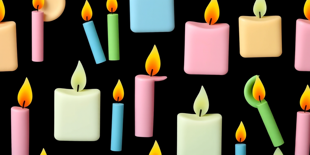 Create a seamless pattern of stylized candles in pastel colors on a solid black background, using a high-resolution digital camera with a 50mm lens at f/8, ISO 100, in a top-down view to capture vibrant details and enhance image quality.