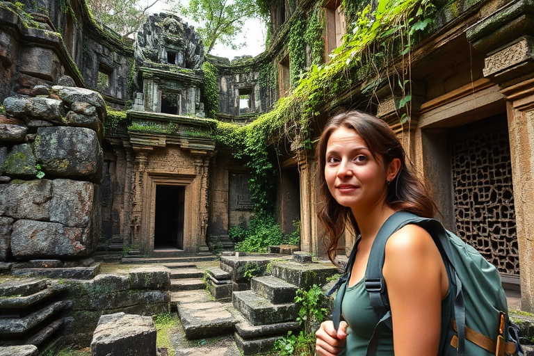Overgrown ruins of an ancient temple, vines crawling up the stone walls, a woman in hiking gear explores the forgotten site, her eyes wide with wonder as she uncovers hidden carvings.