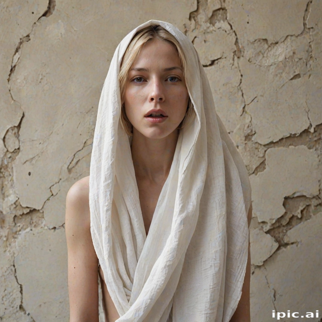 Create a close-up photographic image of the head and torso of a person with light skin tones shown against an old, worn wall. Their head is wrapped in a white cloth covering (i.e.... parts of the head except the nose and mouth, which are open as if they are screaming...), with a slight texture and visible folds in the fabric. Thin strands of blonde hair escape from the wrapping above, falling lightly at the top and sides. Their hands hold the fabric as if they are tugging nervously. The lighting is dramatic and even, casting strong shadows. The image has a minimalist and surreal style with an emphasis on simplicity with soft color tones. The composition is centered.