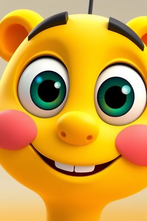 create an animated character design of a cheerful yellow face with large eyes and a playful smile, using a high-resolution digital art style, shot with a Canon EOS R5 at f/4.0, ISO 100, and a 50mm lens, capturing vibrant colors and smooth textures