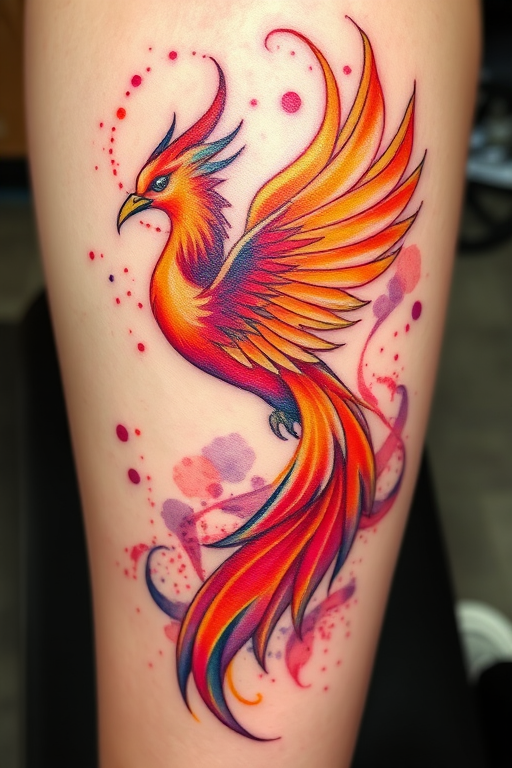 Vibrant watercolor phoenix tattoo featuring swirling hues of orange, red, and purple, rising from ashes with intricate feather details and golden accents, symbolizing rebirth and transformation in a painterly style