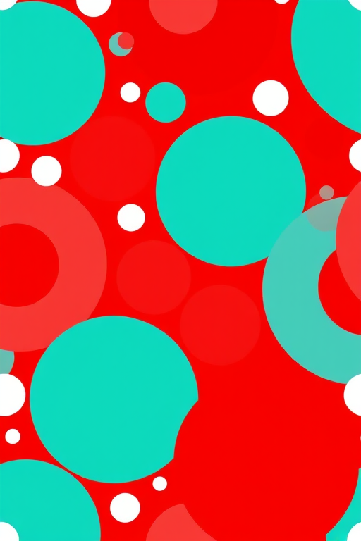 create a seamless pattern of colored circles in red, turquoise, and white, use a high resolution 5000x5000, aperture f/8, ISO 100, shooting from a 45-degree angle with a DSLR camera for enhanced texture and detail
