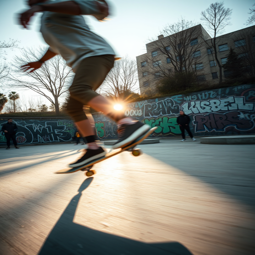 Blurry action shot of a skateboarder performing a trick in an urban park, graffiti-covered walls in the background, sunlight casting long shadows on the pavement, other skaters watching from the sidelines, soft sound of wheels on concrete filling the air.