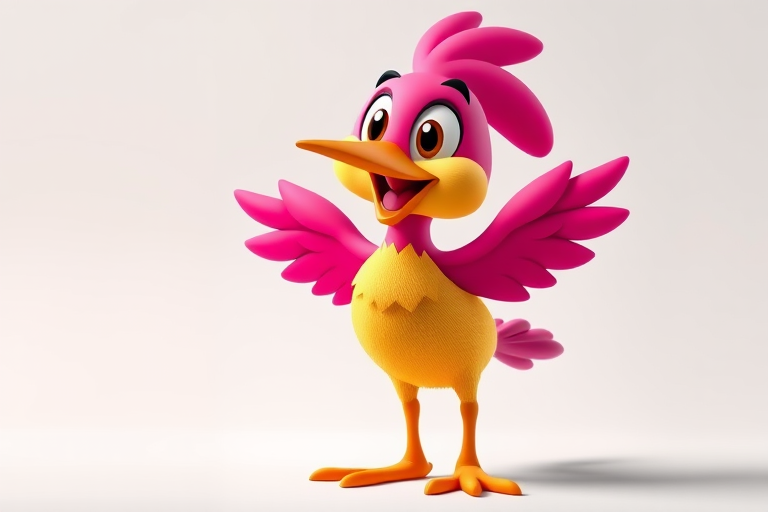 Create a vibrant, cheerful cartoon bird character with exaggerated features, standing in a playful pose, using a 50mm lens at f/2.8 for a shallow depth of field, with bright, saturated colors and high contrast, shot in a studio setting with soft lighting, using a DSLR camera.