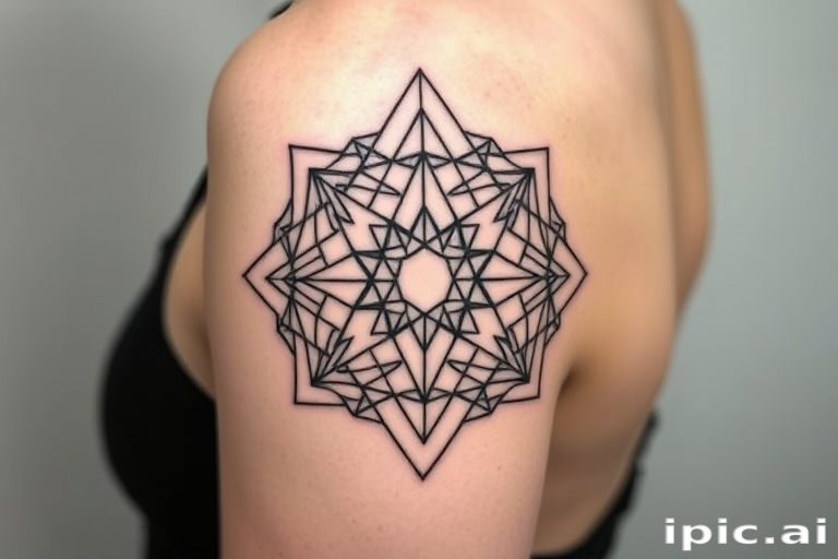 Minimalist blackwork tattoo named "Geometric Elegance" showcasing intricate patterns of thin lines forming complex shapes and sacred geometry, utilizing negative space for a striking contrast