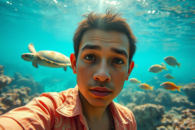 Realistic selfie image of a Tongan, wearing a vintage outfit, detailed dreamy eyes, droopy hooded eyes, staring at the camera, taken underwater at coral reef with a sunbeam filtering through the water, vibrant, summer vacation, natural lighting, turtle and school of tropical fish with vibrant colors, rendered in the style of CryEngine, Pegi Nicol MacLeod, with realistic genre scenes, hauntingly beautiful narratives, ultra-realism, and Thomas Saliot's close-up technique, 8K resolution, crystal clear and sparkling water.