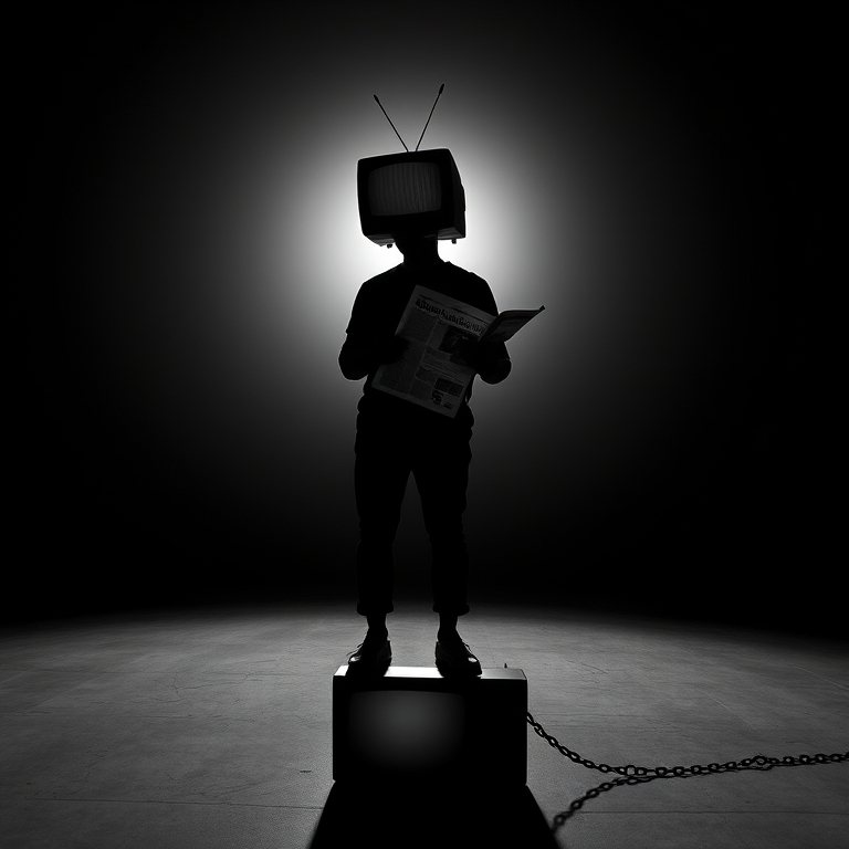 A silhouette of a person with a television on their head, holding a newspaper, standing on a chain tethered to an old TV set, captured with a Canon EOS R5, 50mm lens, f/2.8 aperture, ISO 100, 1/200s shutter speed, natural lighting, high contrast black and white style.