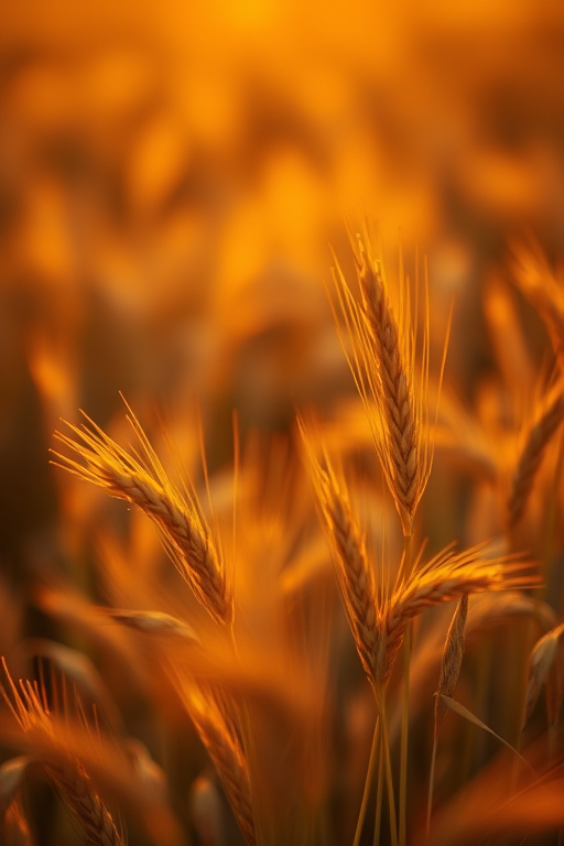 Golden hour wheat field close-up, soft focus, ISO 100, f/2.8, 50mm lens, shallow depth of field, DSLR camera, warm color tones, high dynamic range.