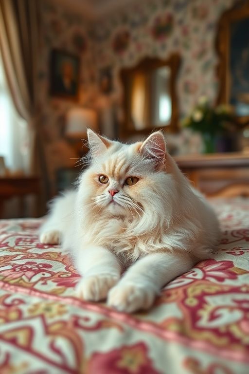 Regenerate an image of a fluffy cream-colored Persian cat lying on an ornate quilt in a cozy, softly lit bedroom, shot with a Canon EOS R5, 50mm lens, aperture f/1.8, ISO 200, natural light, shallow depth of field.