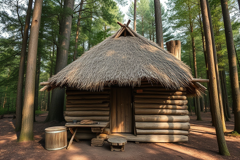 regenerate a rustic wooden hut with a thatched roof in a forest setting, Canon EOS R5, 35mm, f/4, ISO 200, soft natural lighting, wide-angle view