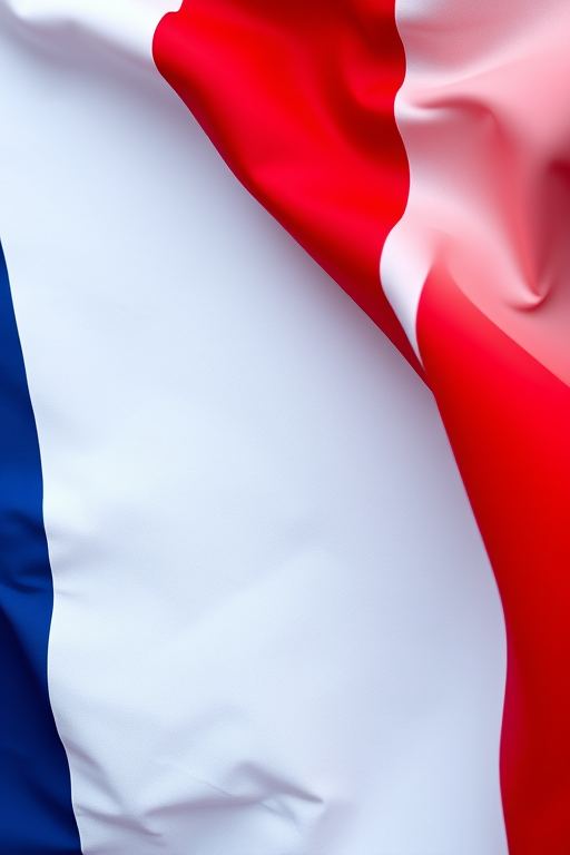 Create an enhanced image of the French flag with vibrant colors, using a professional DSLR camera, 50mm lens, f/8 aperture, 1/200 sec shutter speed, and high dynamic range photography style to ensure clarity and detail.