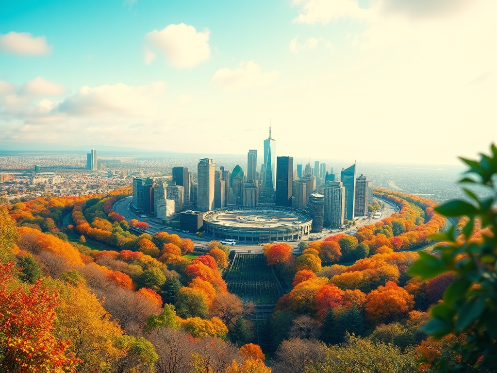 Create a vibrant digital landscape featuring a stylized circular city skyline surrounded by colorful trees and greenery, captured with a high-resolution camera at f/2.8, ISO 100, 1/250s, wide-angle lens, with a bright, saturated color style and soft focus background.