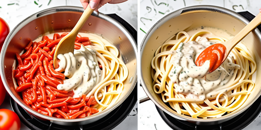 mixing alfredo sauce with tomato sauce