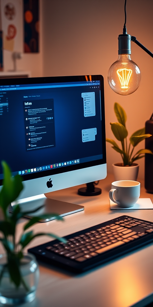 create a digital workspace scene featuring a modern computer setup with a light bulb indicating ideas, a cup of coffee, a plant, and notifications, using a Canon EOS 5D Mark IV, 50mm f/1.8 lens, f/8 aperture, 1/125 sec shutter speed, and natural light for a vibrant, high-quality look.