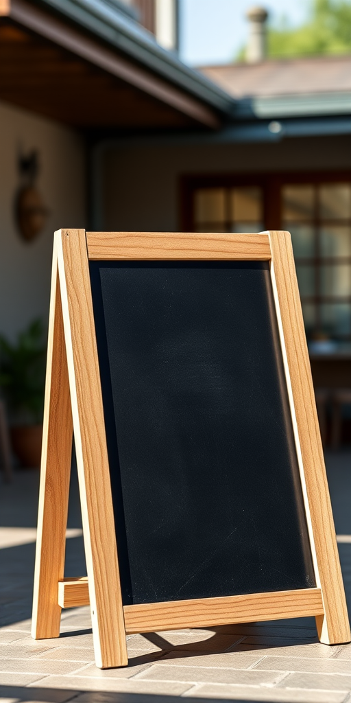 Create a high-resolution image of a wooden A-frame chalkboard standing on a flat surface, taken with a Canon EOS R5, 50mm lens, f/1.8 aperture, ISO 100, shooting from a low angle to enhance perspective and detail, in natural light for a soft, inviting appearance.