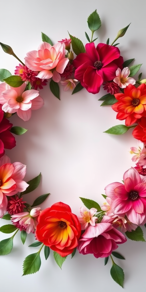 a circular floral wreath with pink and red flowers and green leaves, taken with a DSLR camera, aperture f/2.8, ISO 100, 50mm lens, natural light, overhead view, high-resolution image