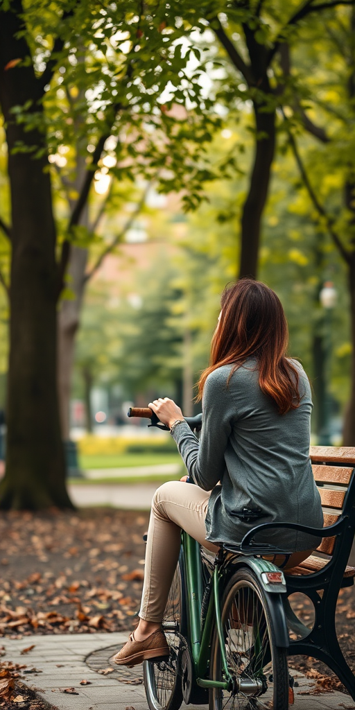 Quiet corner of a city park, a woman sits on a bench, watching the world go by as leaves fall gently around her, her hand resting on the handle of her bicycle.