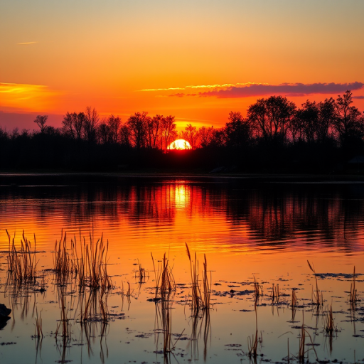 capture a vibrant sunset over a tranquil lake with reflections on the water, use a Canon EOS R5 camera, set aperture to f/8, shutter speed at 1/200s, ISO 100, shoot from a low angle view to emphasize the foreground, create a landscape orientation, employ a HDR style for enhanced detail