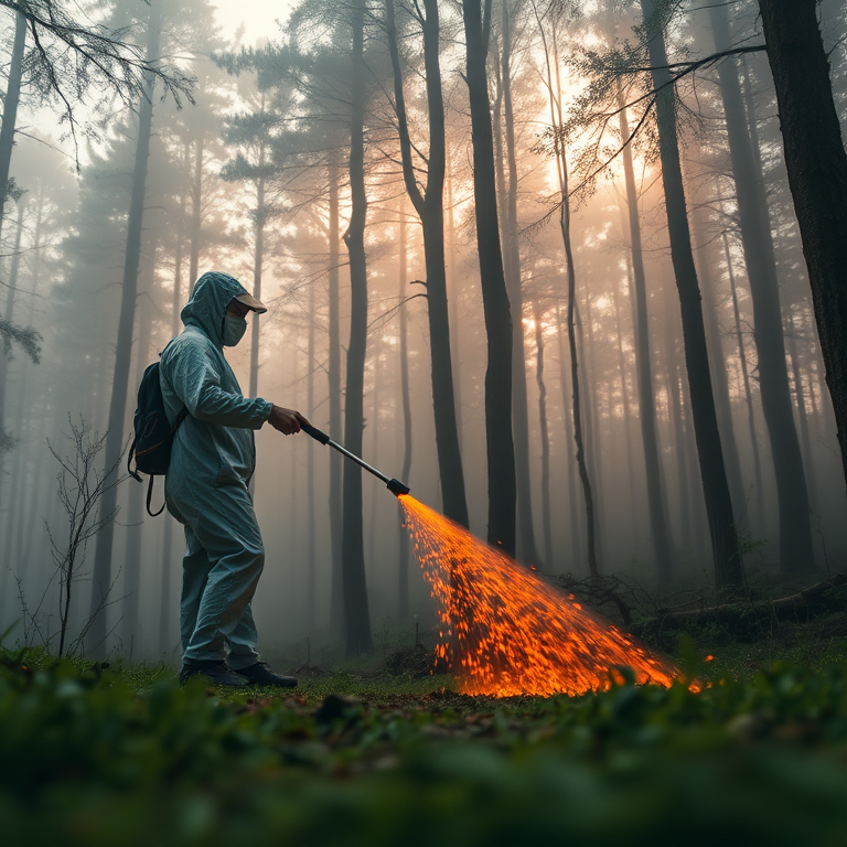 A person in a protective suit spraying a glowing earth in a misty forest, early morning light, ISO 100, f/8, 1/125s, shot from a low angle, wide-angle lens, DSLR.