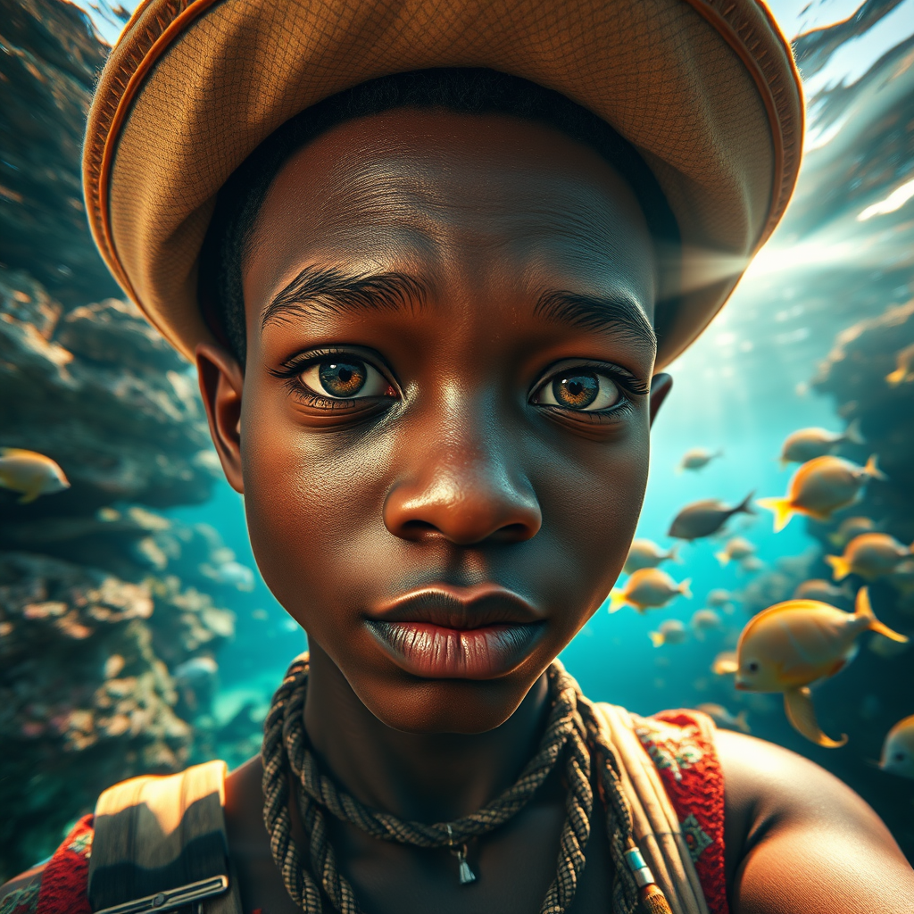 Realistic selfie image of a Zulu, wearing a vintage outfit, detailed dreamy eyes, droopy hooded eyes, staring at the camera, taken underwater at coral reef with a sunbeam filtering through the water, vibrant, summer vacation, natural lighting, turtle and school of tropical fish with vibrant colors, rendered in the style of CryEngine, Pegi Nicol MacLeod, with realistic genre scenes, hauntingly beautiful narratives, ultra-realism, and Thomas Saliot's close-up technique, 8K resolution, crystal clear and sparkling water.
