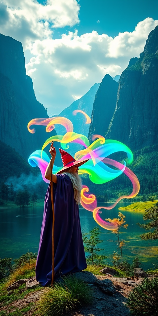 Create an enchanting landscape featuring a wizard with a staff, colorful magical aura swirling around, towering mountains and lush greenery in the background, captured with a Canon EOS R5, 35mm lens, f/2.8 aperture, 1/100s shutter speed, in vibrant colors and high dynamic range.