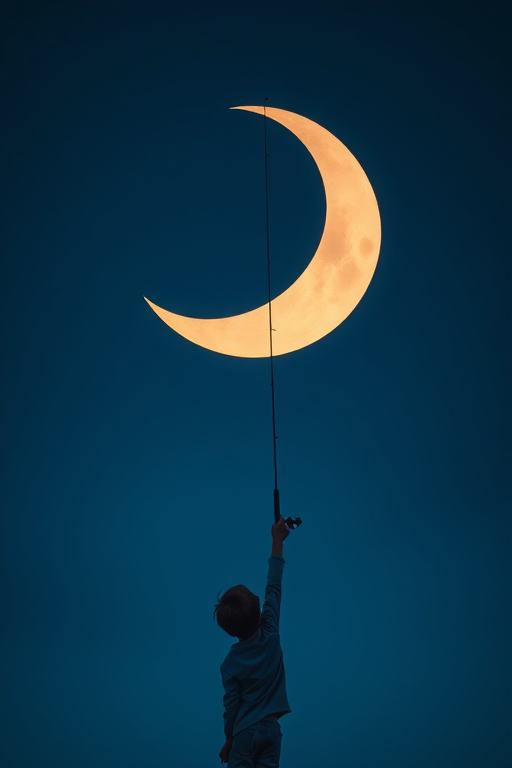 A child reaching for a crescent moon with a fishing pole, minimalist style, rich blue background, soft lighting, DSLR camera, 50mm lens, f/2.8, ISO 100, shot from a low angle to emphasize the height of the pole.
