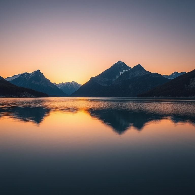 Generate a high-quality image of a serene landscape featuring mountains and a lake during sunrise, using a DSLR camera with a 50mm lens, aperture set to f/8, ISO 200, and a shutter speed of 1/250s, captured from a low angle perspective to emphasize the reflection in the water.