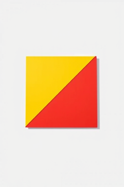 Create an image of a square divided diagonally with the top half colored yellow and the bottom half colored red, captured with a Canon EOS R5, 50mm lens, f/8 aperture, 1/100s shutter speed, in natural light, with a clean background for contrast.