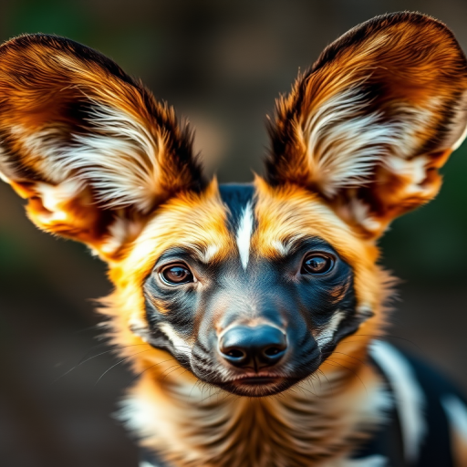 Create a close-up portrait of an African wild dog with striking multicolored fur and big ears, taken with a Canon EOS R5, 85mm lens, f/1.8 aperture, ISO 100, natural light, shallow depth of field, vibrant colors and sharp focus.