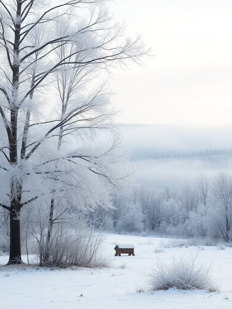 capture a winter landscape with frosted trees and misty mountains in the background, shot with a Canon EOS R5, 24mm lens at f/8, ISO 200, shutter speed 1/200s, using a wide angle perspective and a soft natural light setting to enhance the serene atmosphere