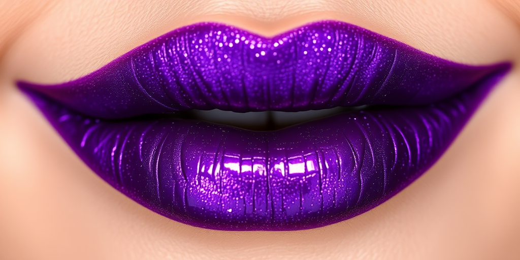 Regal "Royal Amethyst" lips adorned with a rich, shimmering purple color, meticulously applied to create a luxurious, jewel-like effect