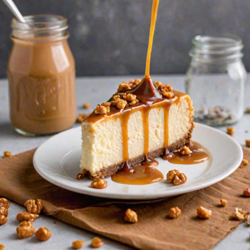 Generate an image of a slice of cheesecake with a creamy filling, caramel sauce drizzling down the sides, and topped with crunchy toffee bits, served on a decorative white plate with a jar of caramel sauce in the background.