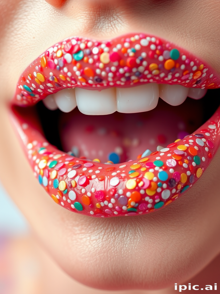 Playful confetti lips adorned with tiny multicolored specks on a clear gloss base, creating a festive and joyful appearance