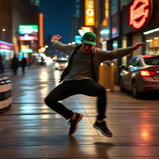 Blurry, high-energy shot of a breakdancer mid-spin on a city sidewalk, with soft reflections of neon signs and car headlights bouncing off wet pavement in the background.