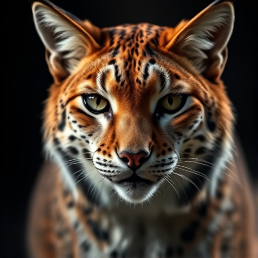 Create an image of a lynx with sharp focus and rich detail in low light, using a Canon EOS R5 with a 85mm f/1.2 lens, ISO 400, aperture f/1.8, shutter speed 1/200s, shot at eye level, capturing the essence of the animal's fur and piercing gaze against a dark background.