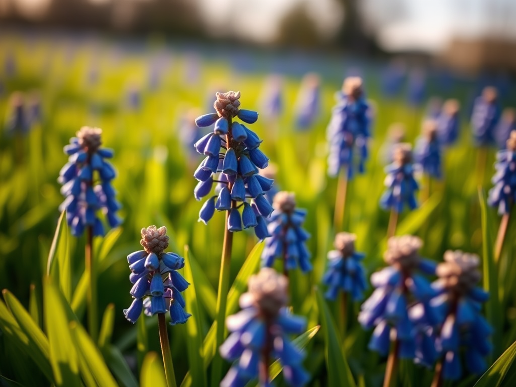 photograph vibrant blue grape hyacinth flowers in a lush green field during golden hour, using a DSLR camera with a 50mm lens, aperture f/2.8, ISO 100, shutter speed 1/200s, shot from a low angle to capture depth of field and natural light effects