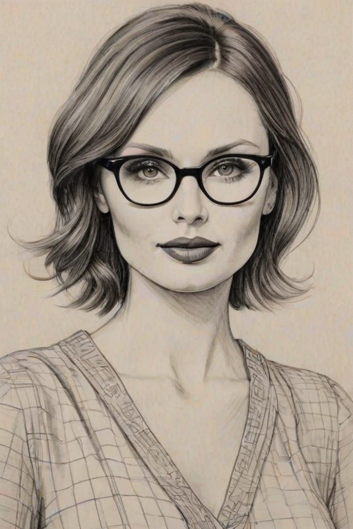 Attractive Sophie Ellis-Bextor, pencil sketch, portrait of Enticing woman 1935s in glasses, hair style beatnik, outline, clear lines, fine lines, 8k